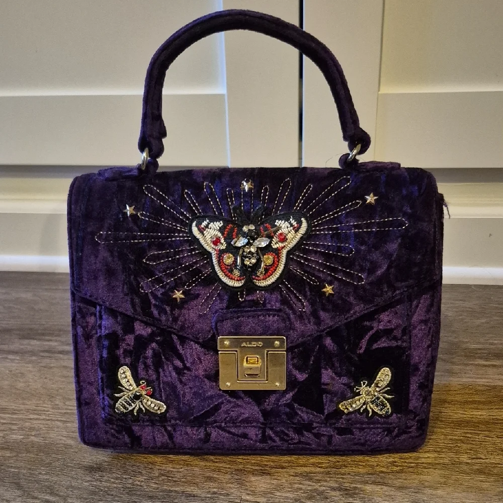 Aldo Deep Purple Velvet Whimsigoth Satchel with Insect Embroidery NWT - Picture 1 of 10